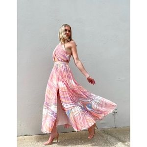 Rococo Sand Barbiecore Eira Marled Swirl Cut Out Halter Pleated Maxi Dress